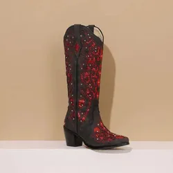 Bling Crystals Retro Western Cowboy Knee-high Boots for Women 2025 Sewing Floral Cowgirl Shoes Boots