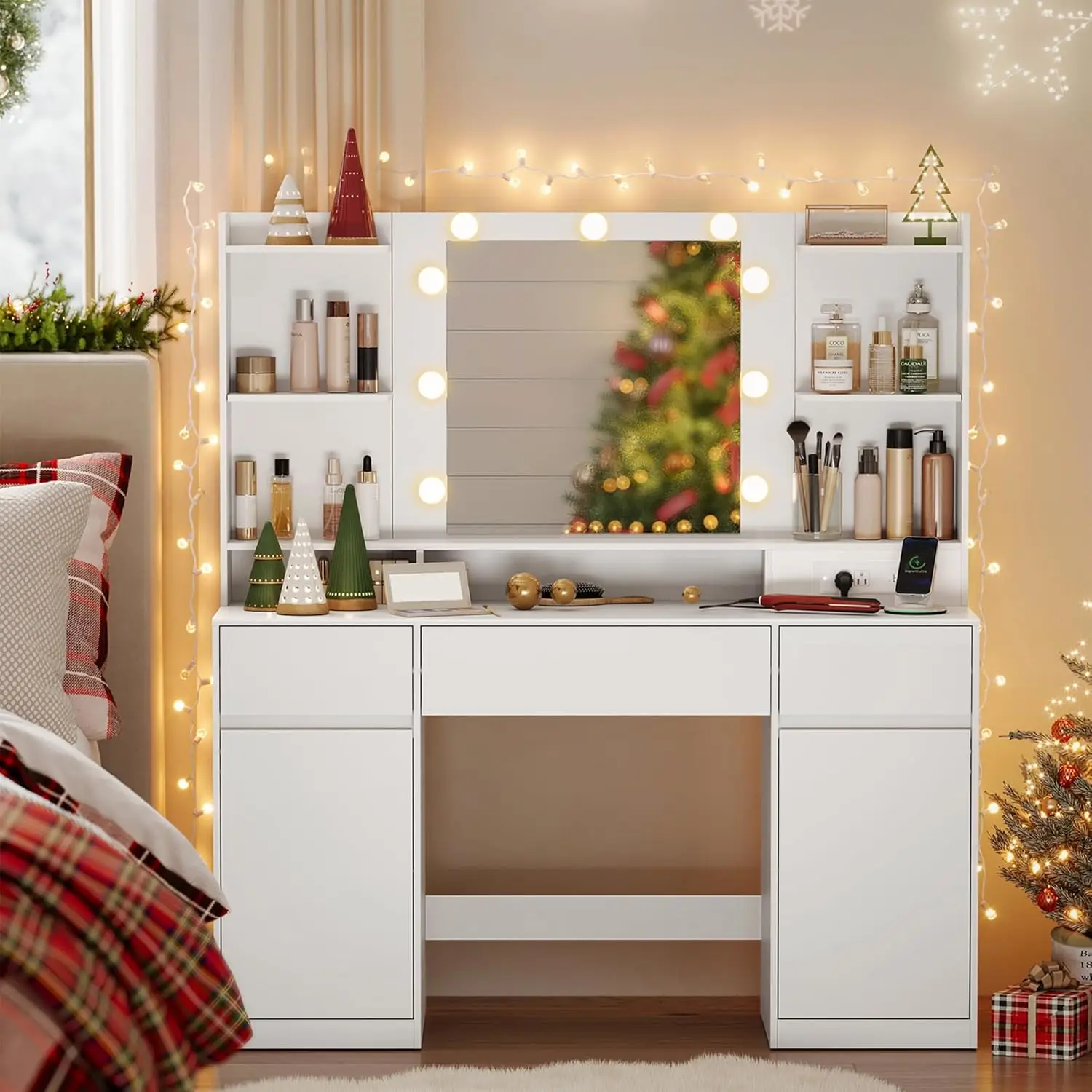 

Vanity Desk with Mirror, 9 LED Bulbs, Power Outlets & 2 Cabinets for Bedroom in Cloud White