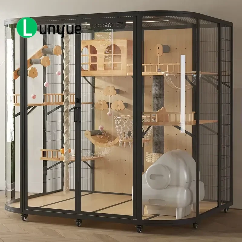 Black Eco-Friendly Waterproof Modern Square Panoramic Cat Villa with Universal Wheels DIY Pegboard Modular Enclosure Built-in