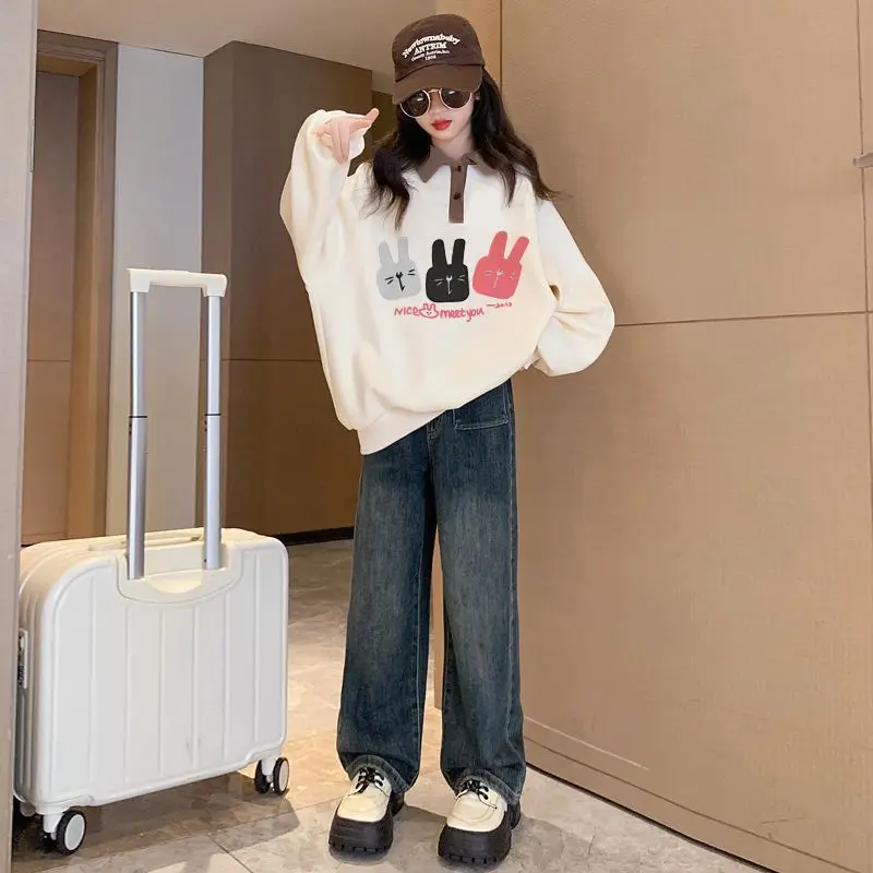 2025 New Autumn/Winter Tween Girls' Loose Fit Korean Style Stylish Casual Polo Collar Sweatshirt Outerwear