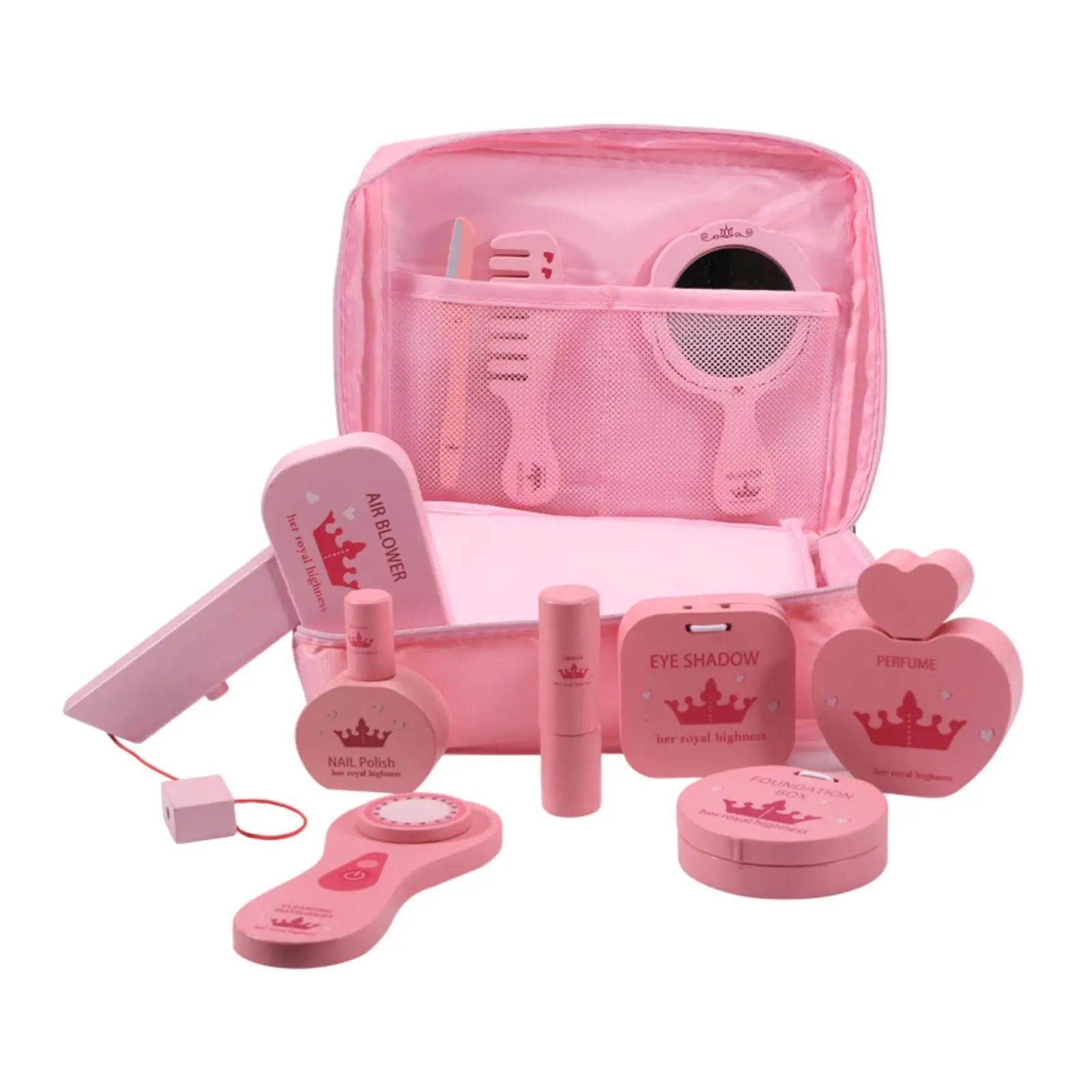 10x Pretend Make-up Kits Houten Schoonheidssalon Speelgoed Set met Opbergtas Fijne Motoriek Mode Prinses Verkleed voor Kleine Meisjes