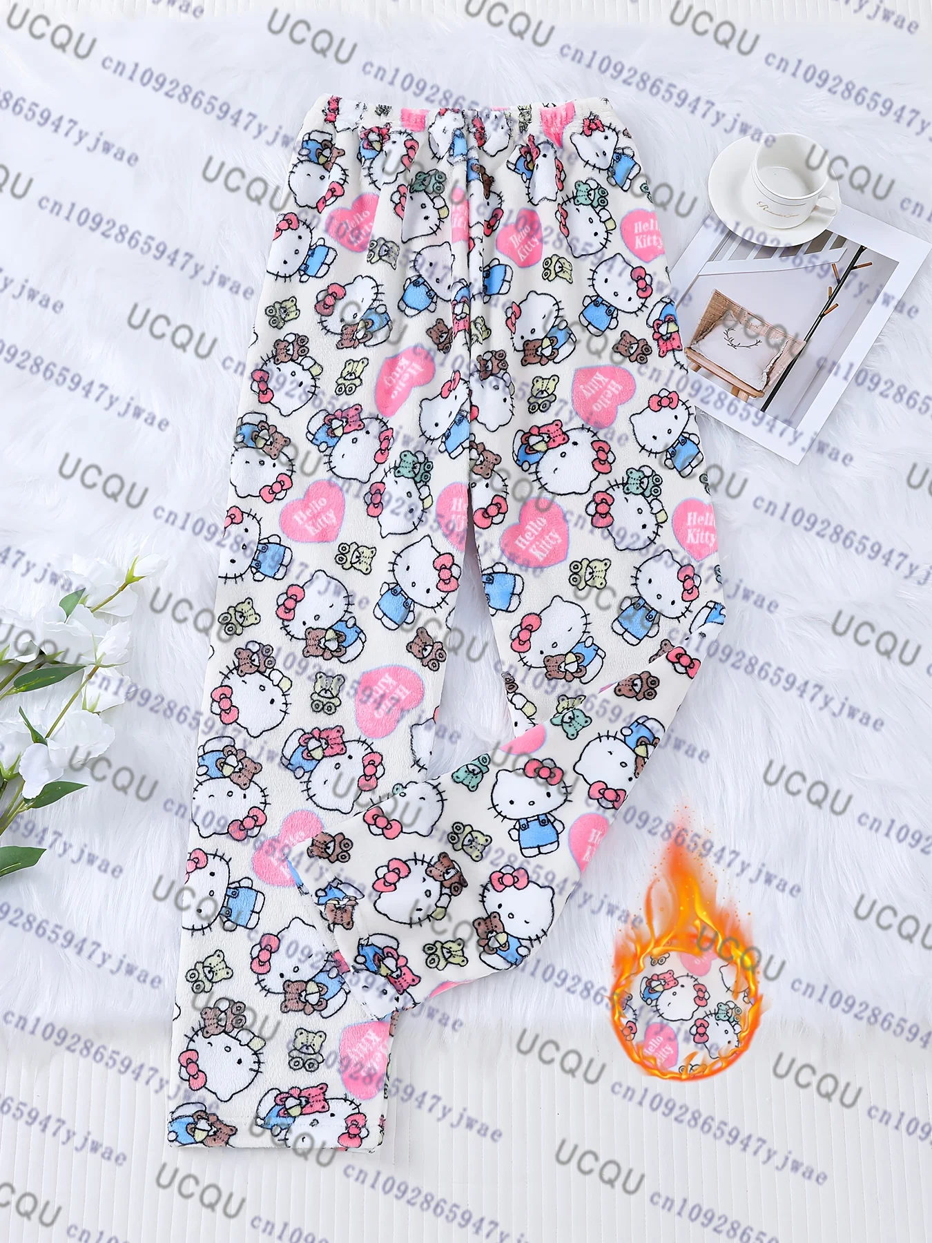 

Cartoon Hello Kitty Flannel Pajamas Pants Women's Autumn Winter Home Warm Casual Home Graffiti Trouser Pajamas Pants