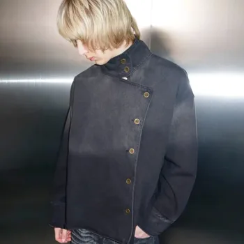 Y2k Harajuku Uniform Jacket Black Distressed Wash Buttons Fencing Denim Jacket Gothic Casual Streetwear Unisex Oversize Clothing 6