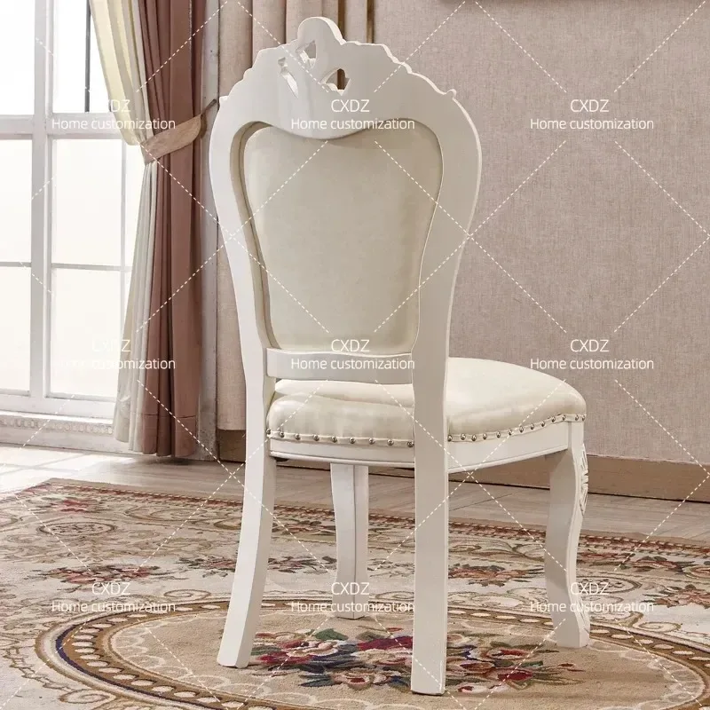 European Style Solid Wood Carved Dining Chair White Gold Painted Hotel Restaurant Chair Elegant Floral Design Wooden Seat for