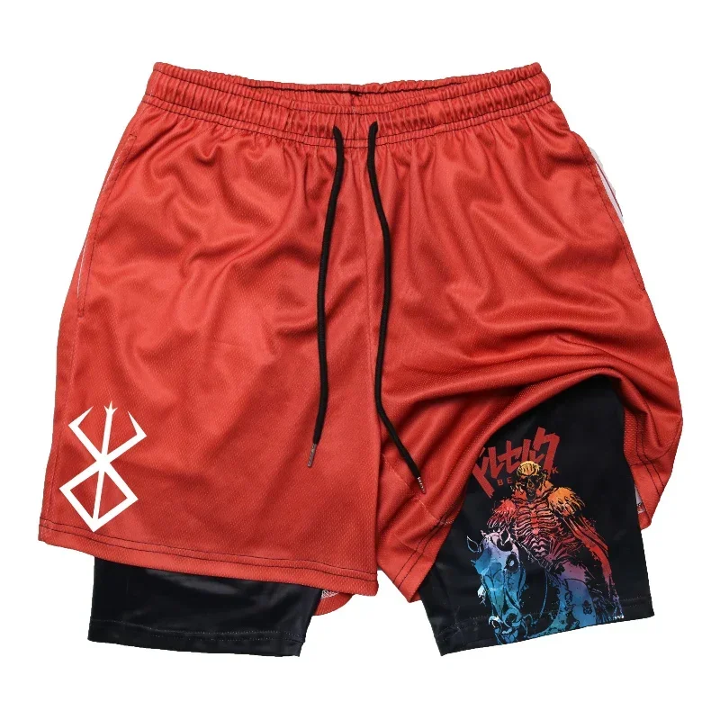 Anime Berserk 2 In1  Performance Shorts for Men Quick Dry Stretchy Gym Shorts Male Summer Fitness Workout Jogging Short Pants