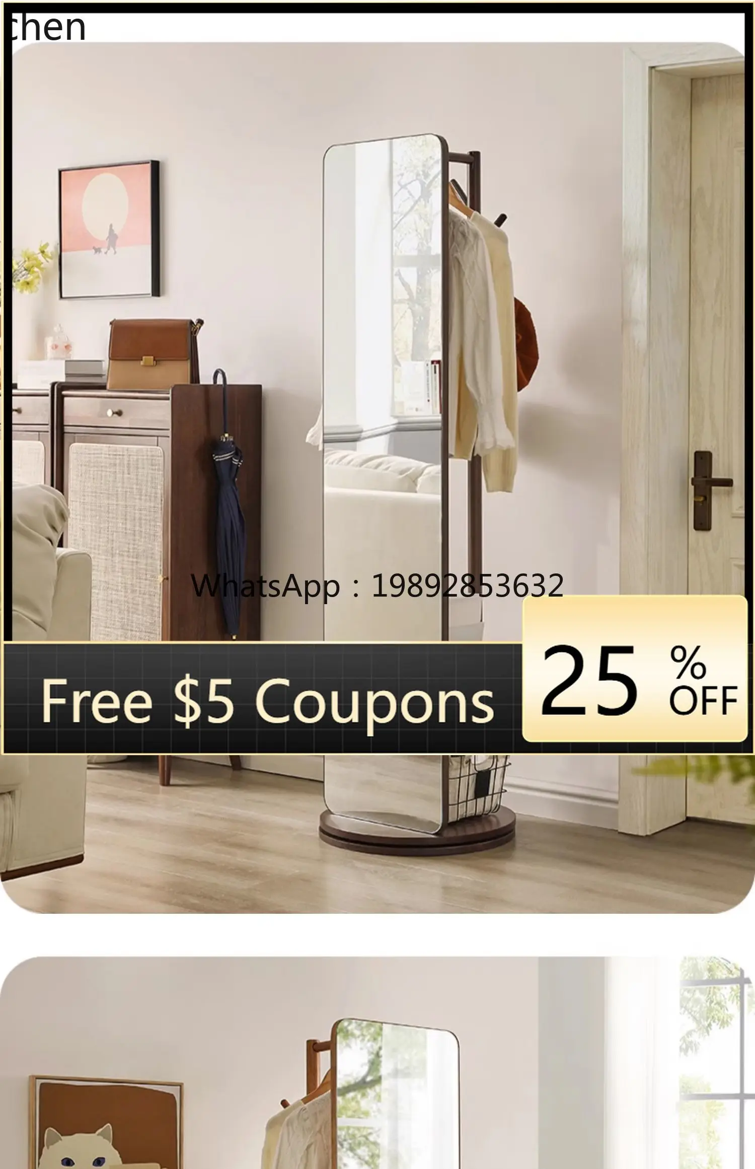 BB  solid wood rotating full-length mirror household bedroom movable fitting mirror hanger integrated full-length mirror