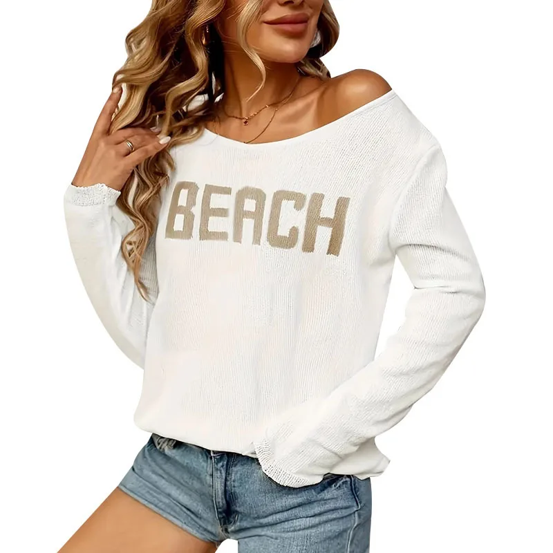 Women's New Early Autumn Resort Style Off-shoulder Waffle Transparent Knit Top Long-sleeved Top Lace Cuffs Loose Casual Sweater