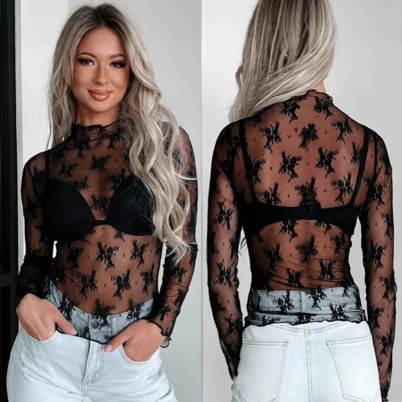 Sexy Sheer Mesh Long Sleeve Crop Top for Women Turtleneck Floral Lace Tshirt Fairy Coquette See Through Tees Blouse Cover-ups