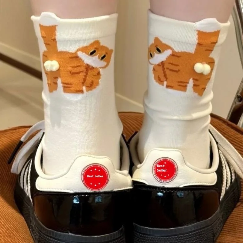 

Cute Cartoon Cat Tinkerbell Socks Unisex Ins Japanese Style Funny Cats Butt Eggs Design Novelty Cotton Blend Crew Stockings Sock