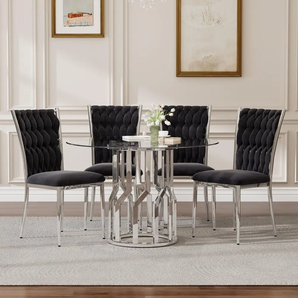 

Modern 38.9 Round Glass Dining Table with 4 Velvet Chairs and Stainless Steel Legs for Elegant Dining Room