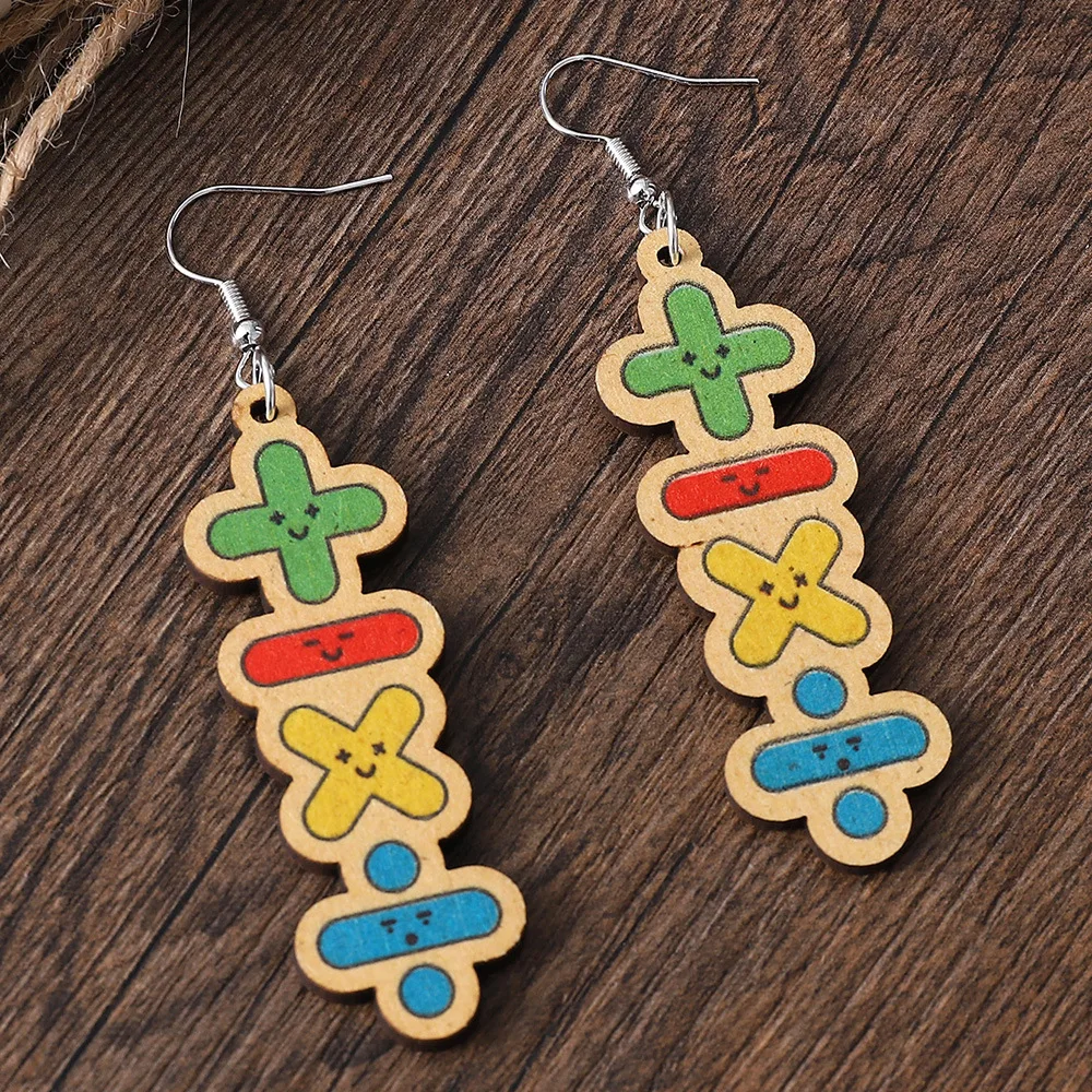 1 Pair of  Creative Fun Add Subtract Multiply Divide Long Smiley Face Double-sided Wooden Earrings Accessories 1 Dollar Items