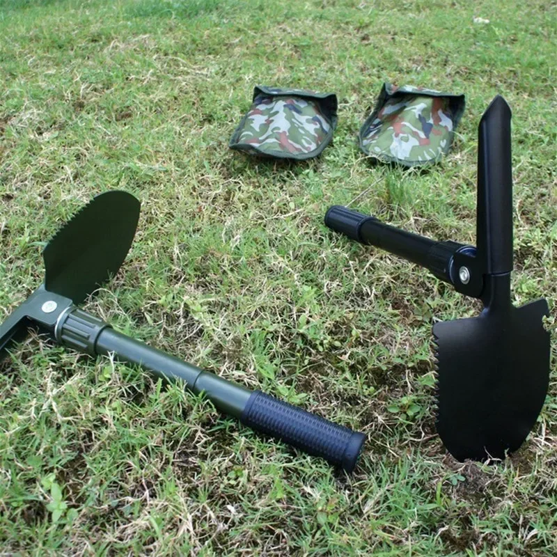 Military Small Folding Shovel Camping Outdoor Tent Survival Equipment Excavation Tool Metal Handle Compass Storage Bag Pickaxe