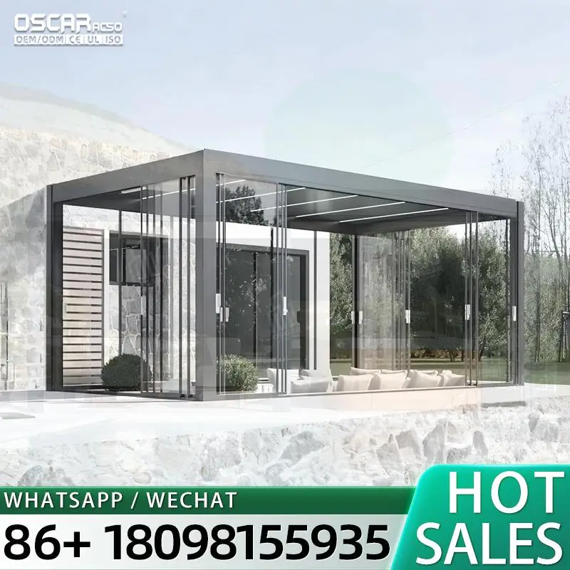 Wholesale Motorized Aluminum Pergola Eco Friendly Durable Waterproof Bioclimatic Louver Roof Garden Gazebo LED Light Powder Coat