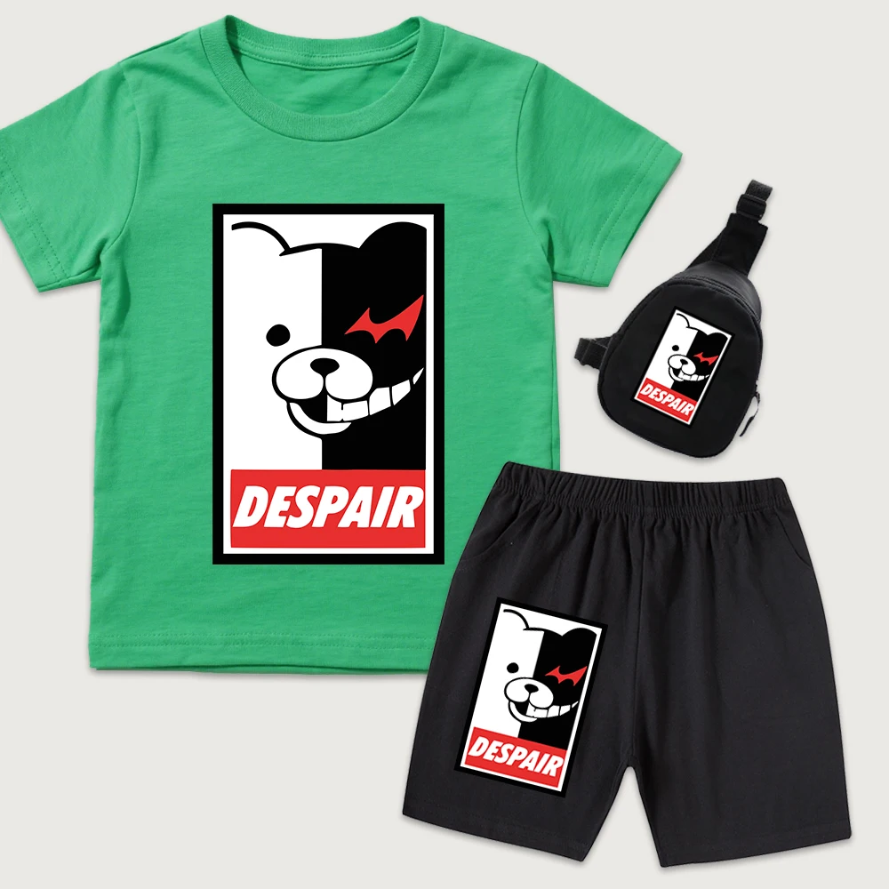 Danganronpa Monokuma Despair Anime Print Kids Cotton T Shirt Shorts Mini Chest Bag 3 Piece Set for Boys Girls Summer Outfit