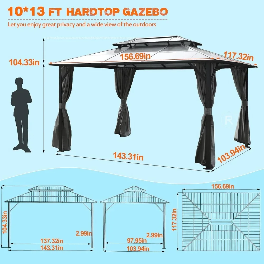 Outdoor 10' X 13' Polycarbonate Hardtop Gazebo with Aluminum Frame, Lawns, Gardens and Pools