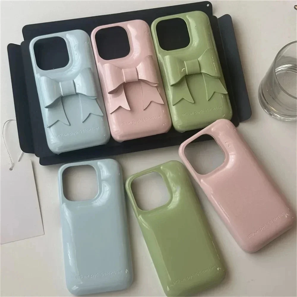 3D Cute Bowknot Phone Case For iPhone 16 Pro 15 14 13 Pro Max Cover Kawaii Glossy Leather Cases For Apple 15 ProMax 14Pro max 16