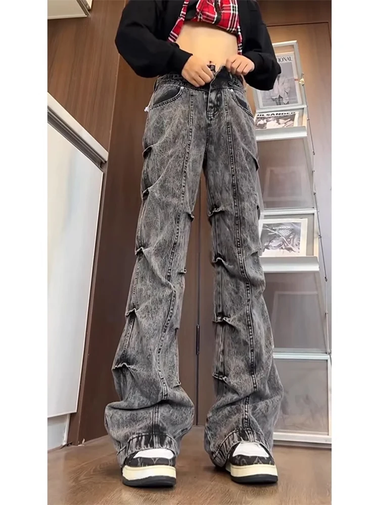 

Washed Vintage Men's Jeans High Street Vibe Folded Hem Wide Leg Cotton Polyester Blend Winter Wear Youth Fashion