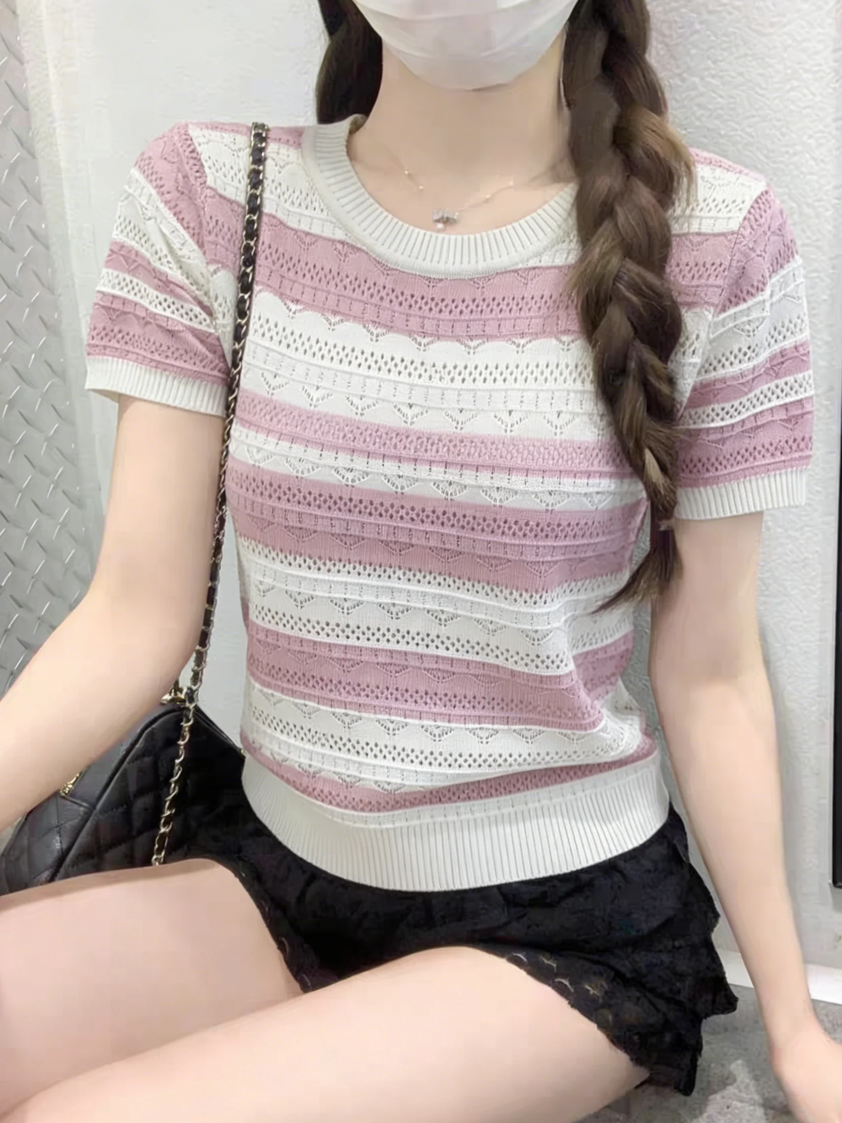 Spring Summer New Sweet Color Block Stripe Hollow out round Neck Short Sleeve Knitted Sweater Women Thin Versatile Slimming Top