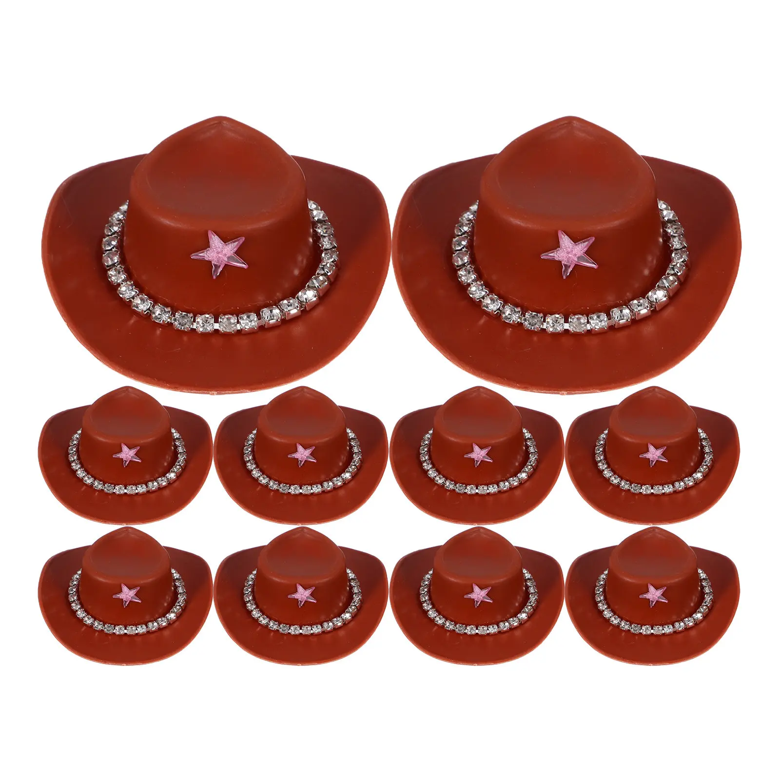 10 Mini Sombreros Vaqueros con Cadena de Diamantes de Imitación, Sombreros Vaqueros de Plástico Resistentes para Manualidades, Decoración de Fiestas y Cupcakes
