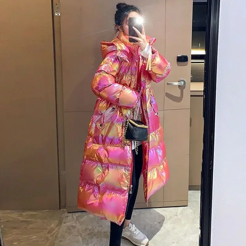 Hmsevenjz 2023 Korean Fashion New Bright Face Wash Free Hooded Knee Length Parkas Winter Loose Casual Parkas Female Clothing