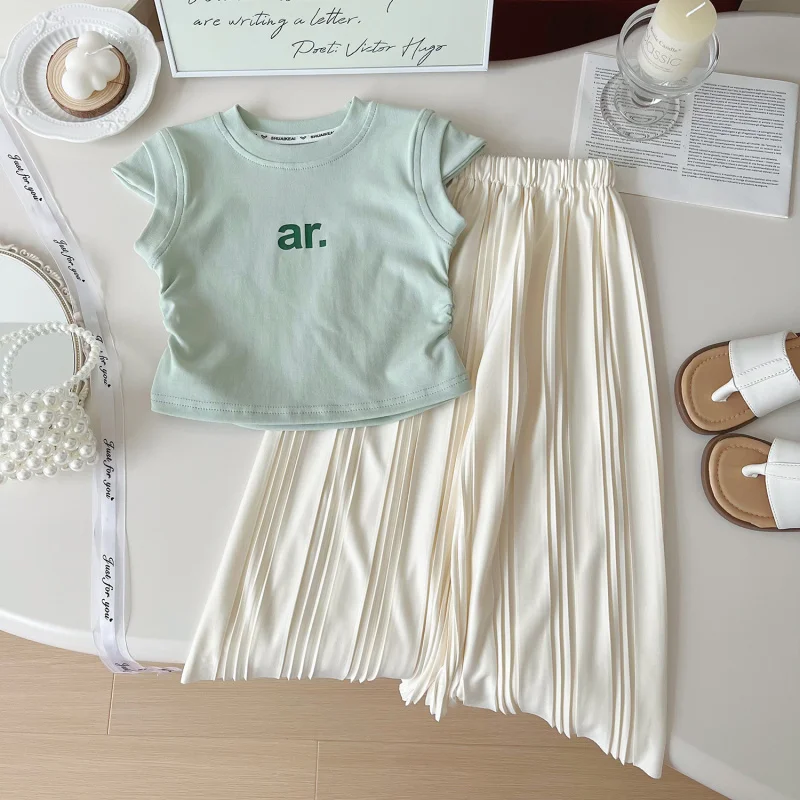 

Girls' Summer Outfit Set with Letters for KidsTT-shirt+Loose Fit Long Pants Baby Girl Casual Two-Piece Set