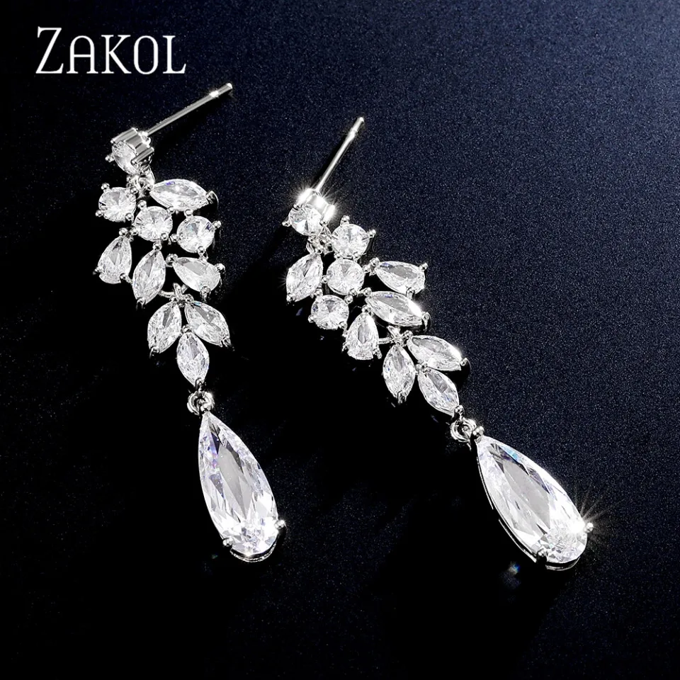 

ZAKOL Silver Color Water Drop Cubic Zirconia Dangle Earrings for Women Luxury Leaf Bridal Engagement Jewelry Bijoux