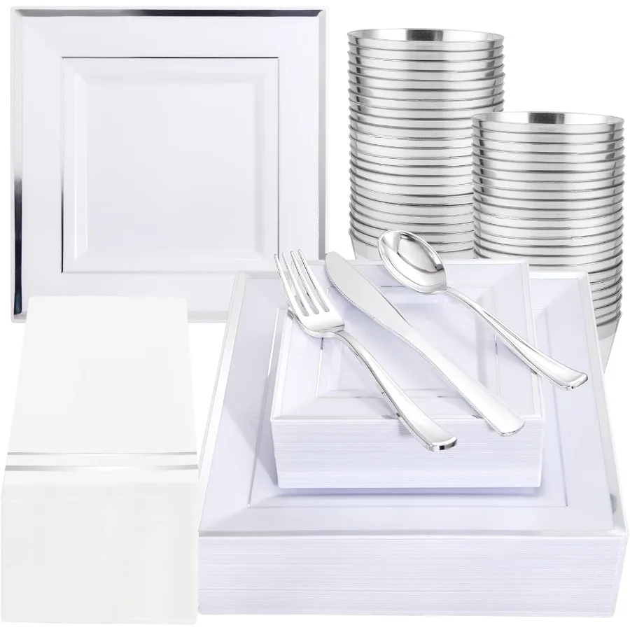 

350Pcs Silver Plates Silver Square Plastic Plates 9.5" and 6" serve for 50 guests include 50 Cups 50Plastic Cutlery 50Hand Napk