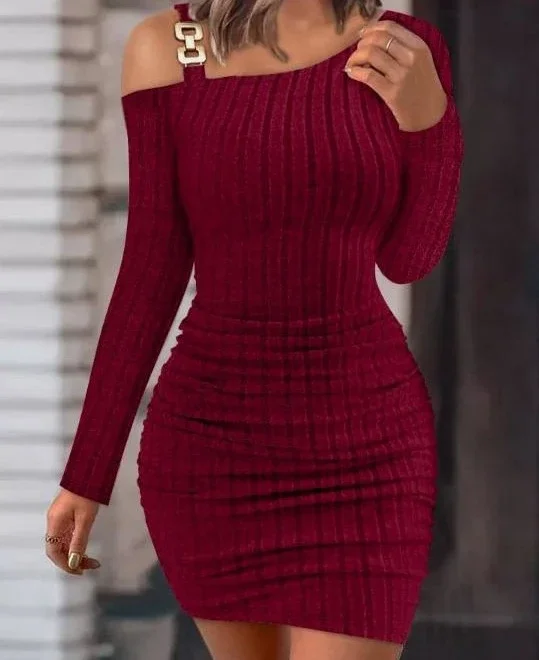 Sexy Bodycon Dress Woman Off Shoulder Oblique Neck Tight Wrap Hip Fashion Slim Fit Long Sleeve Dresses 2024 Streetwear Autumn