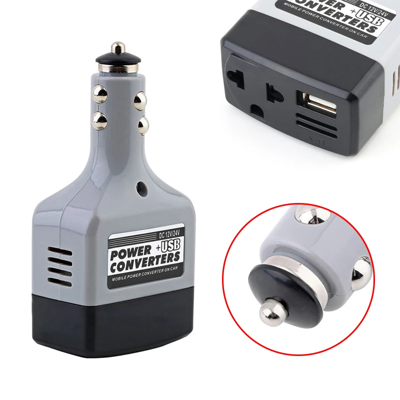 

New！Portable Car Mobile Converter Inverter Adapter DC 12V/24V To AC 220V Charger Power+USB