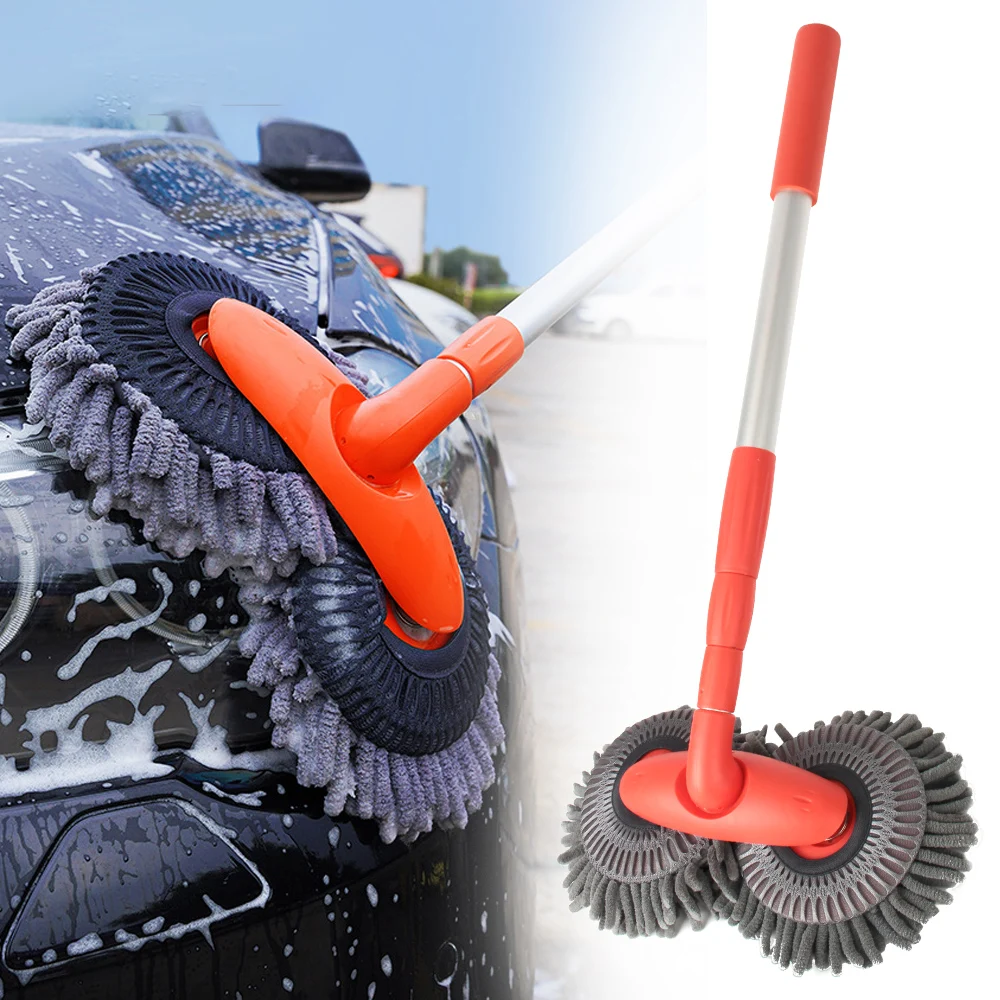 Car Wash Mop Rotating Double Brush Head Auto Supplies Three-Section Telescopic Mop Roof Window Cleaning Maintenance Accessories