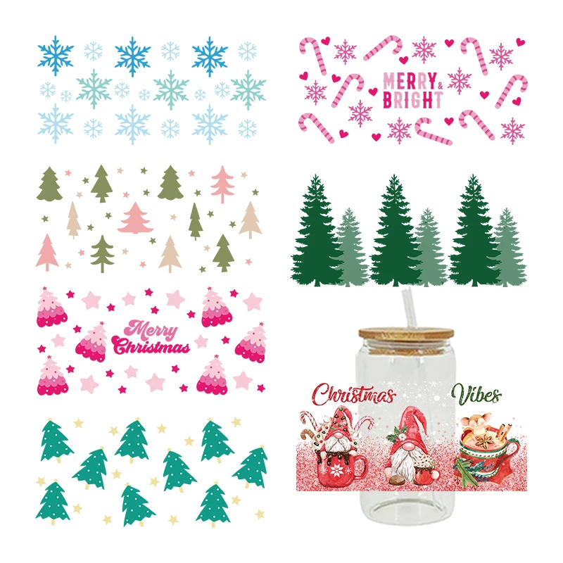 Winter Theme Christmas UV DTF Cup Wrap Transfers Stickers Labels Durable Waterproof Logo 16oz Glass Wrap D5268