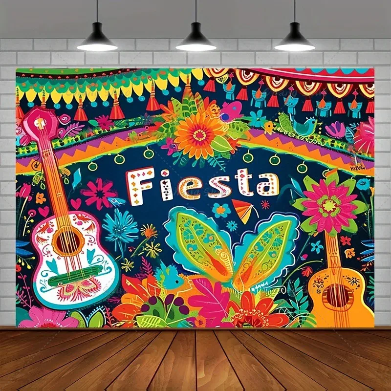 Mexican style theme backdrop cloth carnival party cake table decoration banner guitar photography background props