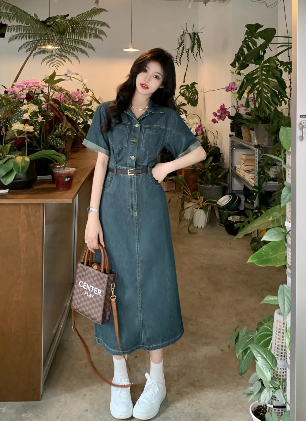 

Retro Blue Women Denim Dresses 2024 Spring Summer Short Sleeve Slim Fit Jean Long Dress Chic Fashion Dress With Belt Female