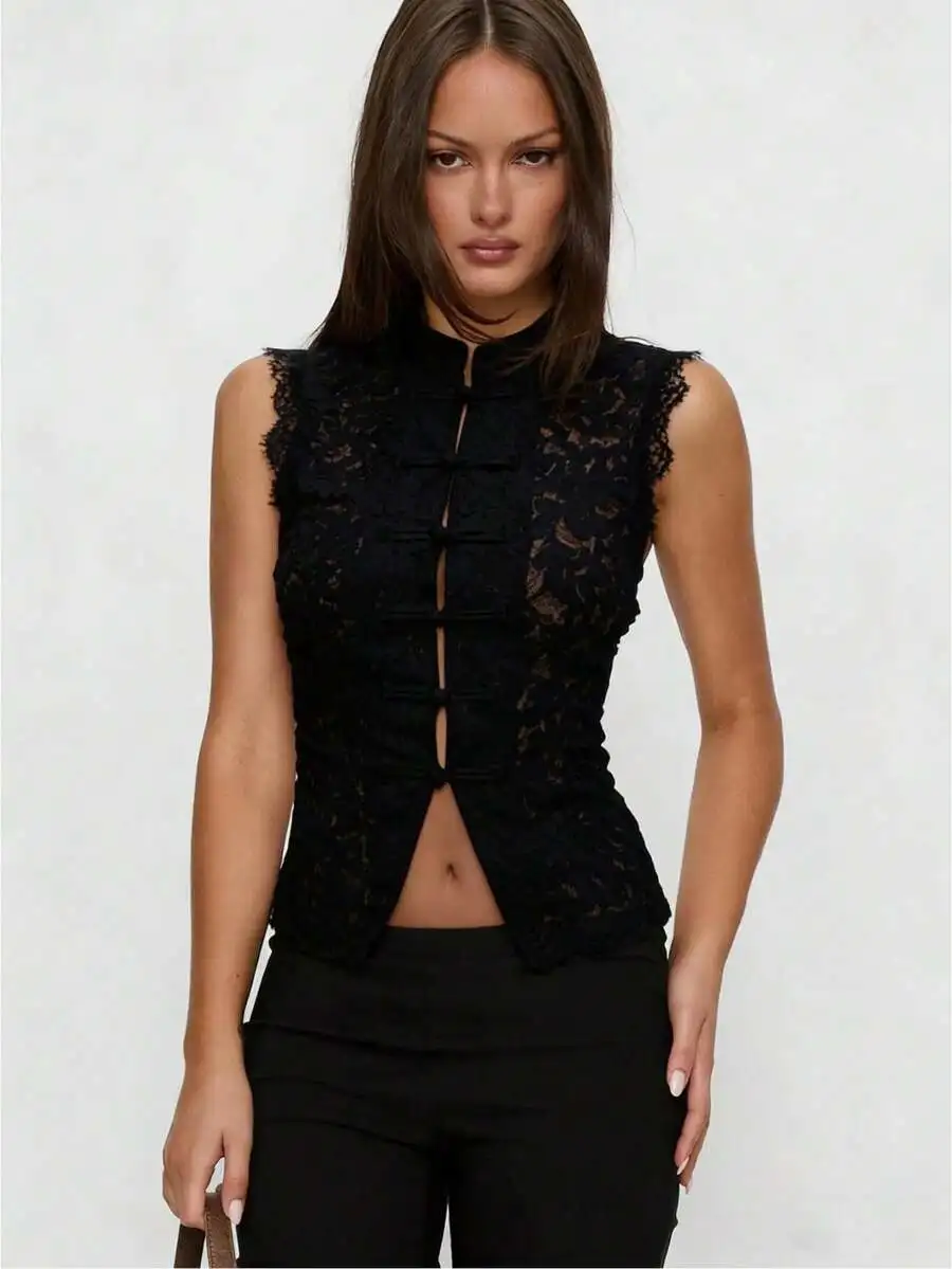 

Women Sleeveless Mandarin Collar Lace Blouse Button Down Sheer Top Slim Fit Elegant Party Clubwear