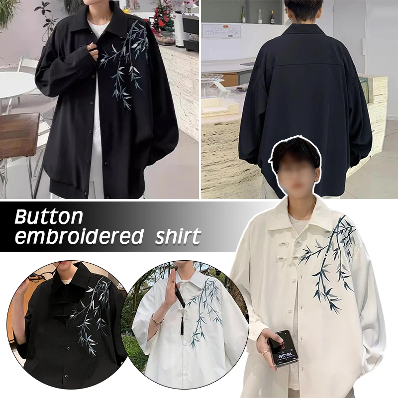 

Chinese Style Men Summer Bamboo Embroidery Shirts Handsome Chic Fashion Ins High Street Half-sleeve Cool Casual Baggy Shirts