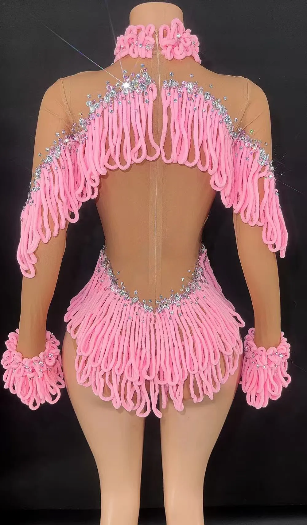 بدلة للجسم بشراشيب من حجر الراين اللامع للنساء، أكمام طويلة، شبكة مثيرة، شفافة، زي رقص الأداء، ملابس المسرح