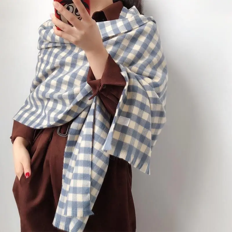 Blue Plaid Shirt Scarf for Women Winter Japanese Style Long Thick Warm Plaid Scarf Suitable for Both Men and Women