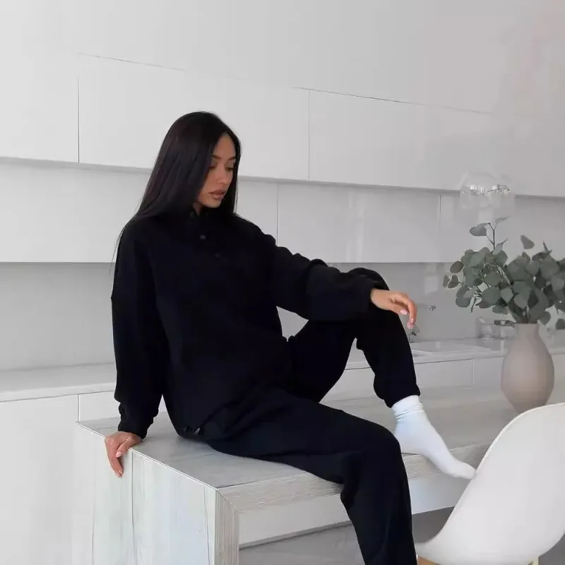 

Fashion Women Sports Two-Piece Set Casual Long Sleeve Half-High Lapel Zipper Hoodie Pocket Trousers Loose Set Women Trousers Set