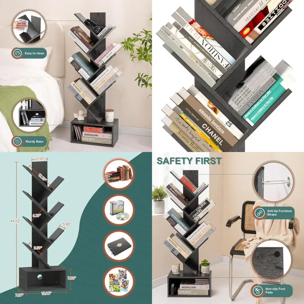 

Retro 6-Tier Floor Bookshelf - Tall Wooden Storage Unit for Books, CDs, Movies, and Home Office, Dark Grey