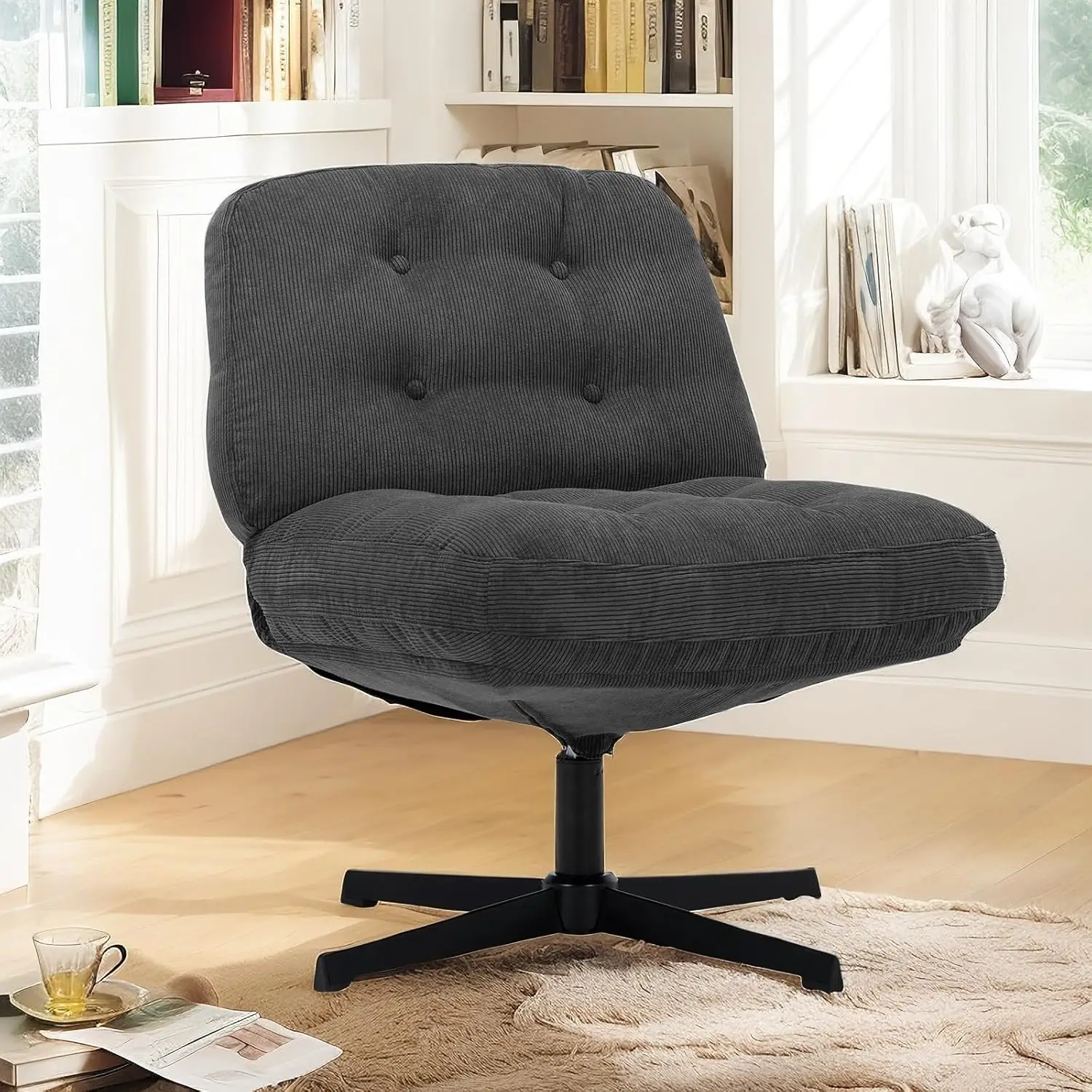 

Criss Cross Chair-Cross Legged Office Chair No Wheels, Arml Wide Office Desk Chair, Fabric Vanity Chair With Thicker Cushion,