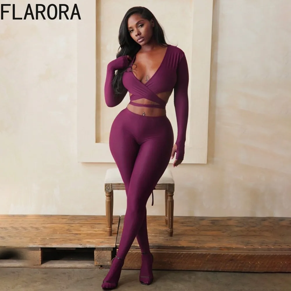 

FLARORA Sexy Hollow Out 2 Piece Sets Woman Cross Bandage V-Neck Crop Tops And Footed Leggings Outfits Midnight Party Clubwear