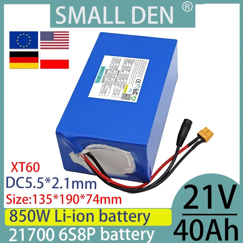 New 21V 40ah 6S8P lithium-ion battery pack with 650W 850W built-in BMS 21700 electric scooter motorcycle charging battery pack