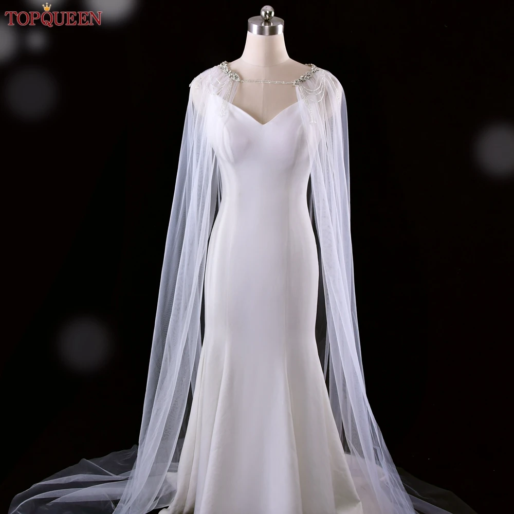 TOPQUEEN G83 Wedding Long Cape Veils Bridal Bolero Women Jacket Cathedral Wedding Veil Bachelorette Party Accessories for Bride