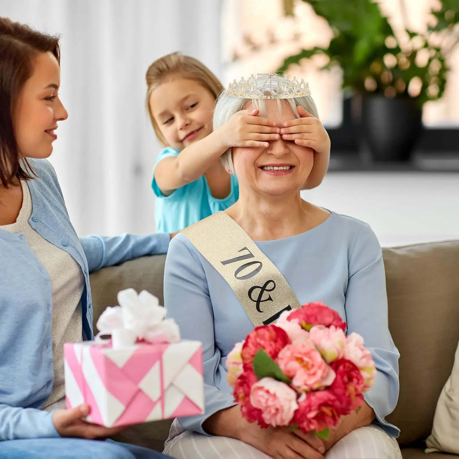 Glitzerschärpe, Geburtstagskrone, Set für Damen, Tiara, Partydekoration, Photobooth-Requisiten, Geschenke für Männer, 70. Geburtstag, Dekoration, Kristall – Detail 5