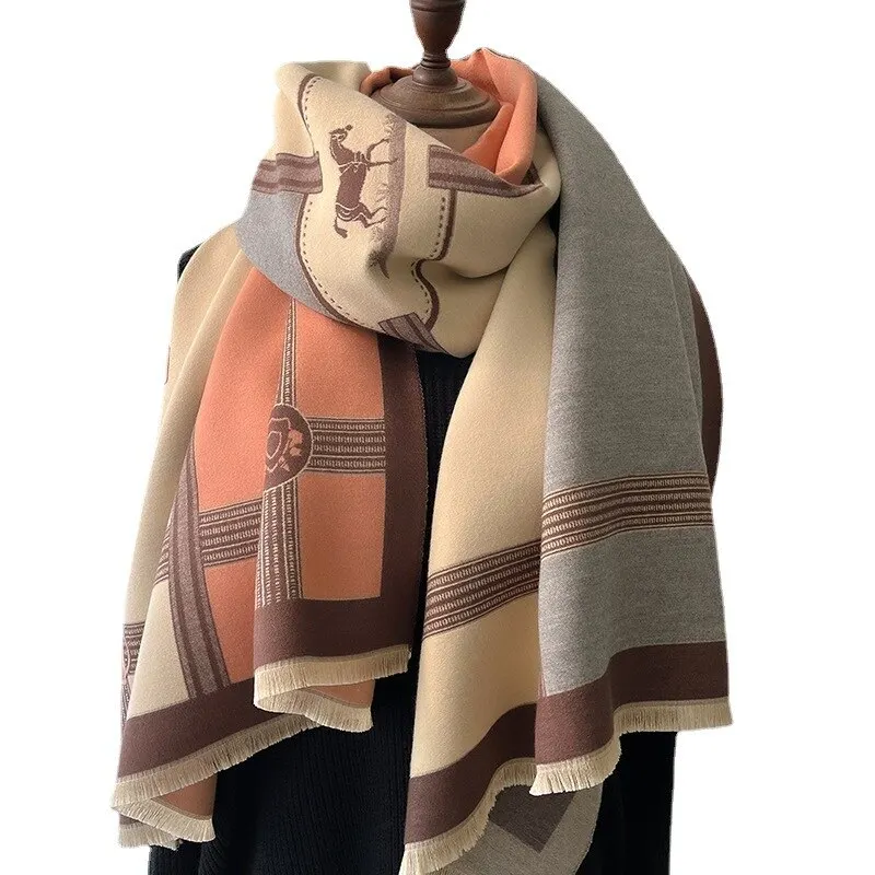 Moda de lujo bufanda de Cachemira de invierno diseño de mujeres manta de Pashmina cálida bufandas de caballo chal femenino wraps grueso Foulard