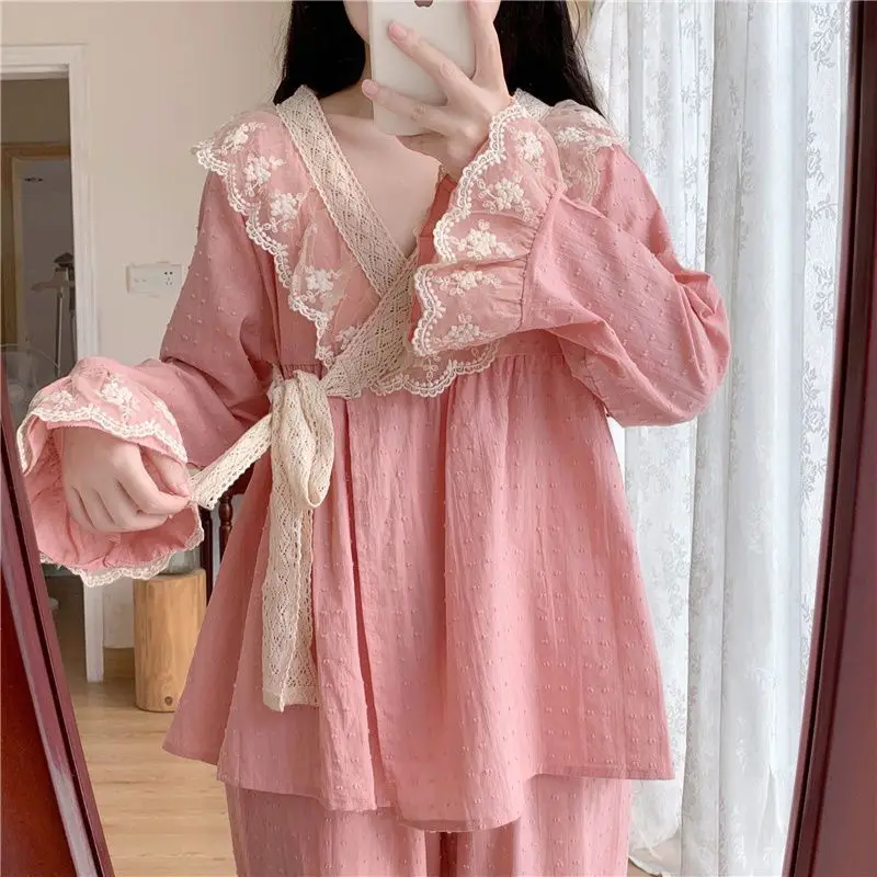 Princess style pajamas set Japanese spring autumn tops long-sleeved trousers sweet cute lace new home clothes women aesthetic