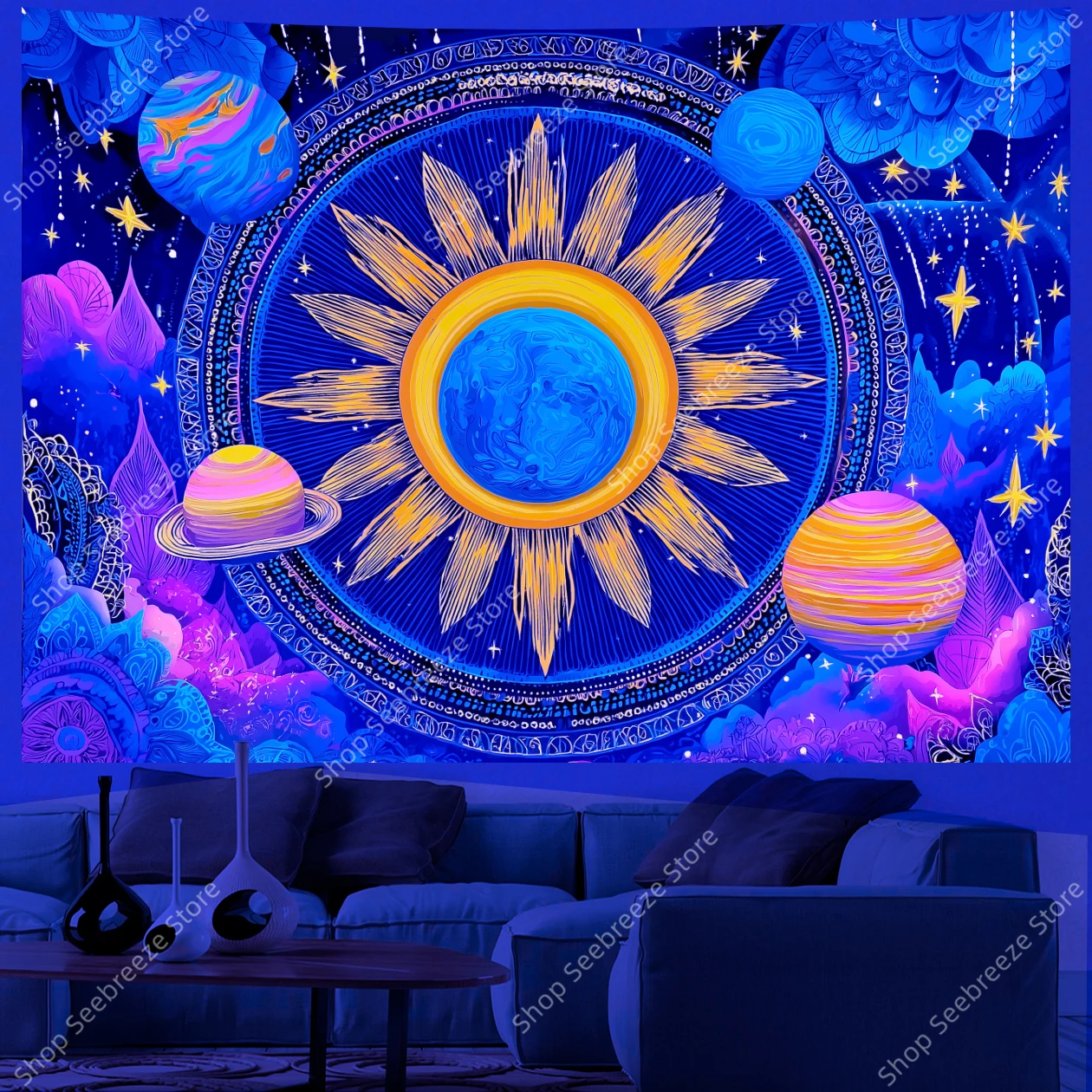 Cosmic Mandala UV Tapestry Vibrant Sun and Planets with Starry Night Sky Bohemian Wall Hanging for Living Room Office Decor