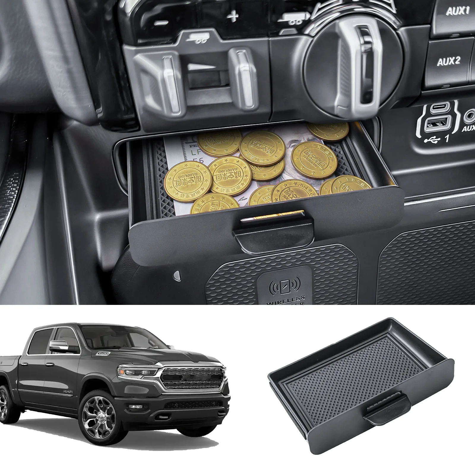 

Front Drawer Storage Box Tray for 2019–2026 Dodge RAM 1500 2500 3500 Center Console Organizer Insert Drawer Box Car Accessories