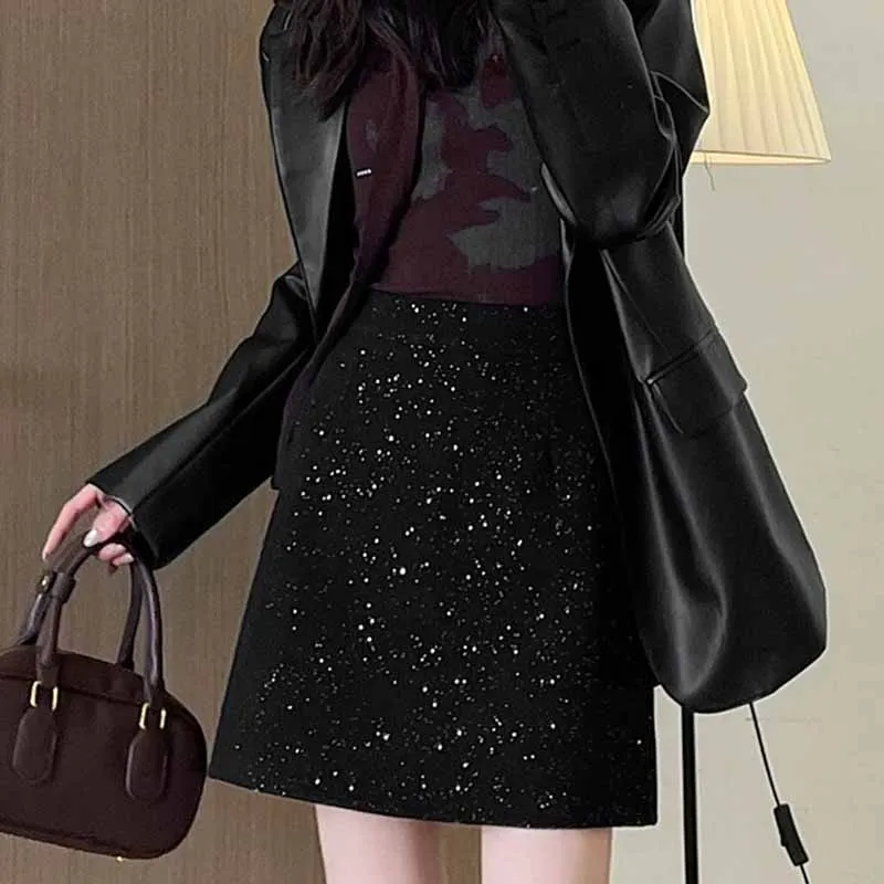

Сексуальные мини-юбки с блестками для женщин, корейская мода, офисные юбки-карандаш с высокой талией, женские осенне-зимние шикарные шерстяные юбки