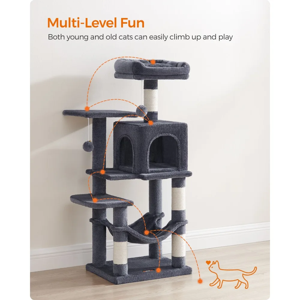 

44.1-Inch Cat Tower For Indoor Cats, Multi-Level Cat Condo With 4 Scratching Posts, 2 Perches, Hammock